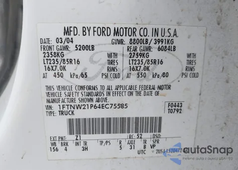 2004 Ford F-250 Lariat/Xl/Xlt z USA, uszkodzony, nr VIN 1FTNW21P64EC75585